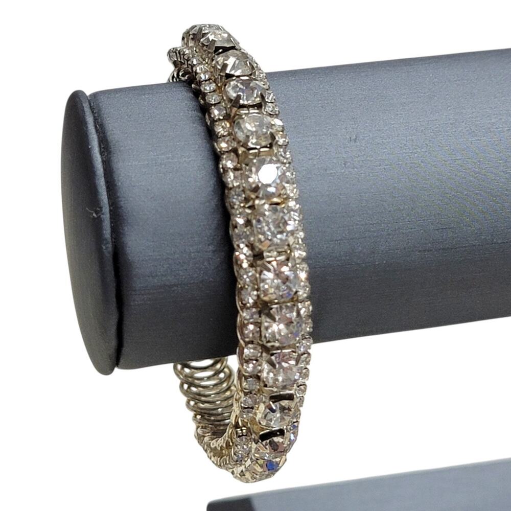 Vintage Clear Crystal Rhinestone Bypass Bracelet Silver Tone Expansion Wrap
